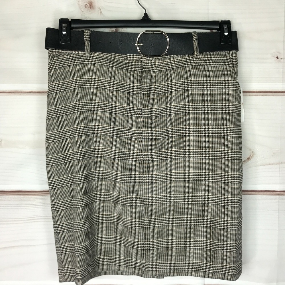Bar III Skirt Womens 12 Multicolor Houndstooth Belted Lined Stretch Knee Length